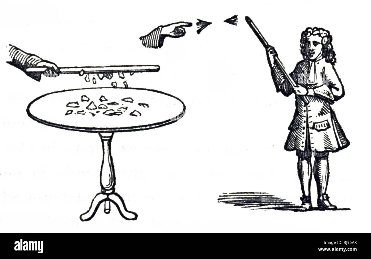 Eine Gravur, Stephen Grey's Experiment mit statischer Elektrizität durch Reiben einen Glasstab verursacht. Stephen Gray (1666-1736) ein englischer Dyer und Astronom. Vom 19. Jahrhundert Stockfoto