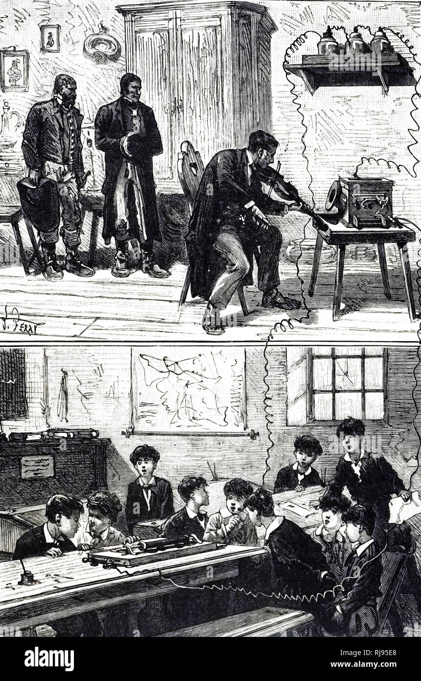 Ein Kupferstich von Johann Philipp Reis demonstriert seine 'Musical' Telefon. Johann Philipp Reis (1834-1874) ein deutscher Wissenschaftler, Lehrer und Erfinder. Vom 19. Jahrhundert Stockfoto