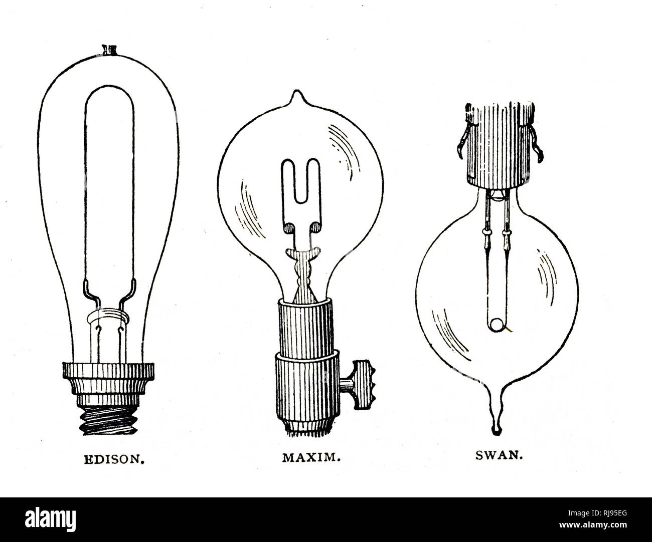 Ein kupferstich mit der Darstellung der verschiedenen Formen der carbon Filament in Glühlampen. Vom 19. Jahrhundert Stockfoto