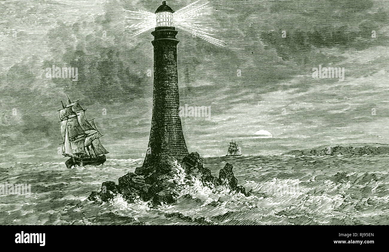 Eine Gravur, Bell Rock Leuchtturm, vor der Küste von Angus, Schottland, entworfen von Robert Stevenson. Robert Stevenson (1772-1850) eine schottische Bauingenieur und berühmten Konstrukteur und Erbauer der Leuchttürme. Vom 19. Jahrhundert Stockfoto