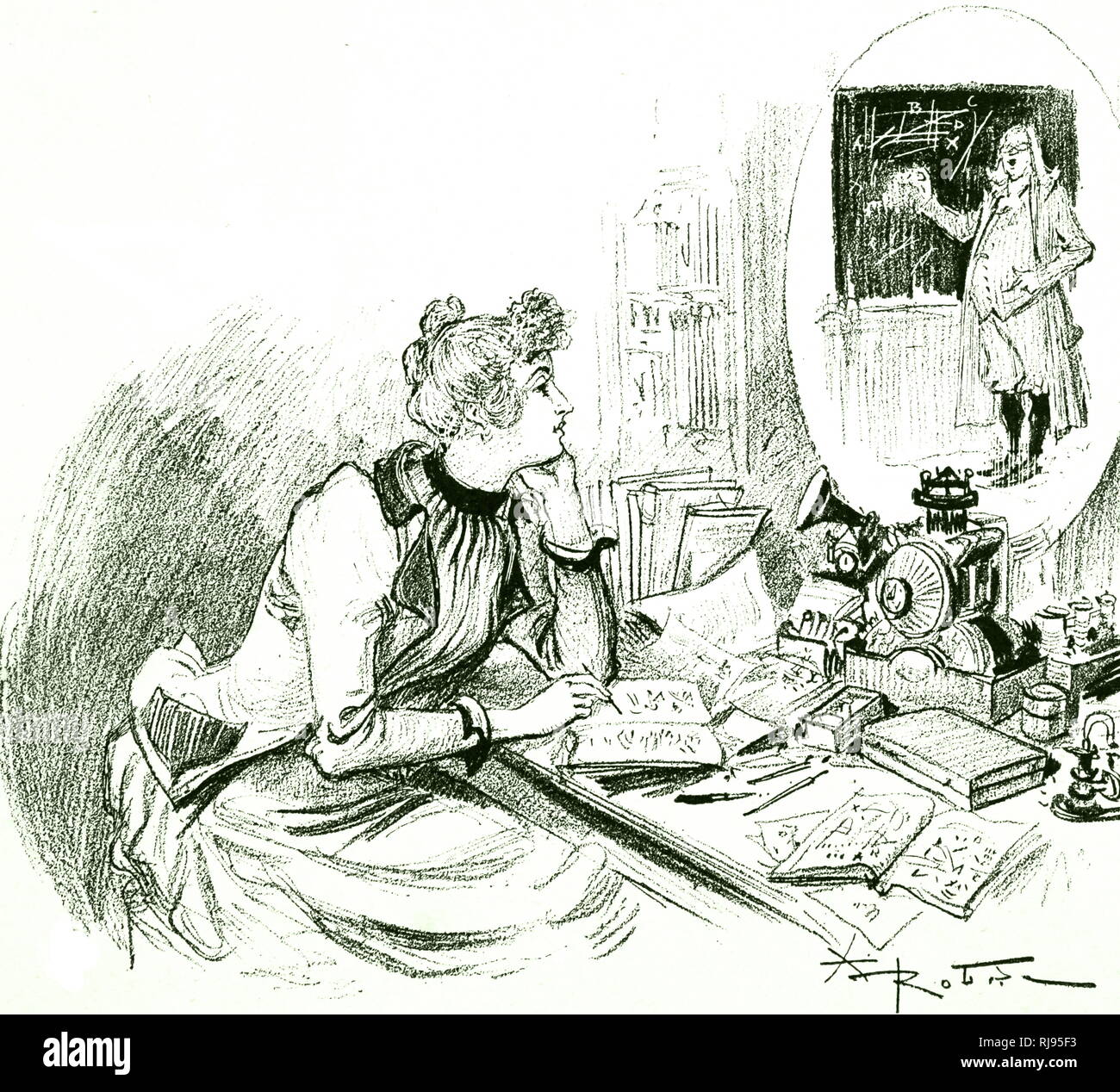 Eine Gravur, Albert Robida, die Vision von der Ferne Studium durch eine 'telephonoscope' - diese Idee stammte der Open University von 70 Jahren. Albert Robida (1848-1926) eine französische Zeichner, Radierer, Lithograph, Karikaturist und Schriftsteller. Vom 19. Jahrhundert Stockfoto