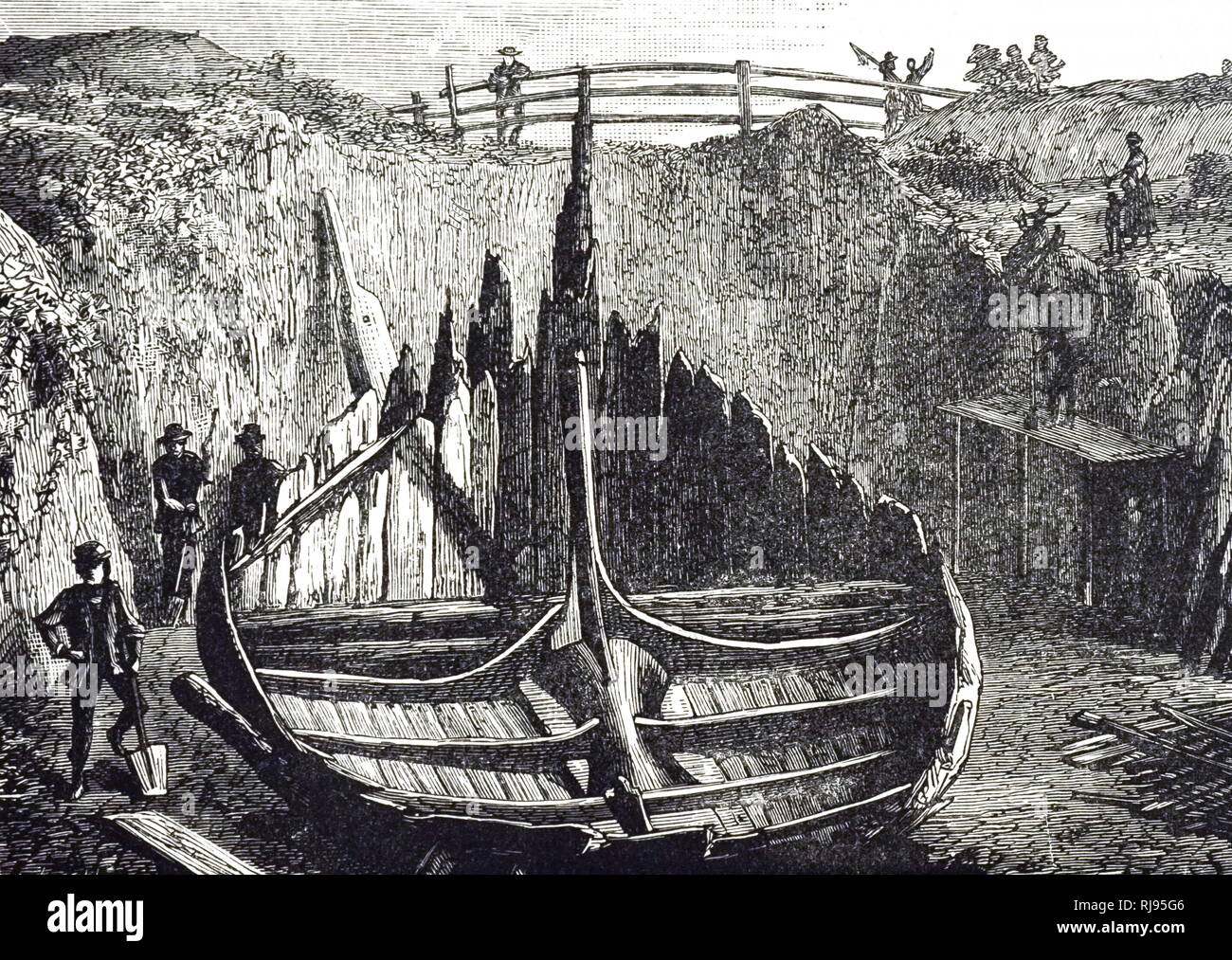 Ein kupferstich mit der Darstellung eines Viking Beerdigung Schiff in Norwegen gefunden. Vom 19. Jahrhundert Stockfoto