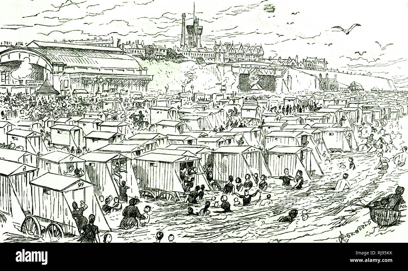 Ein Cartoon mit der Darstellung eines typischen viktorianischen Britischen Badeort. Der Strand und das Meer wurden von Urlauber getroffen. Vom 19. Jahrhundert Stockfoto