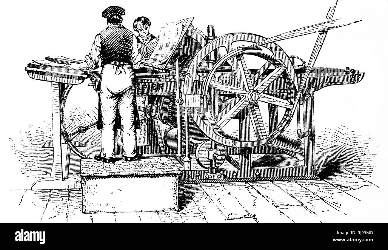Abbildung: Napiers dampfbetriebene, Glasplatte Druckmaschine. 1870. David Napier (1785-1873) war ein schottischer Ingenieur Stockfoto