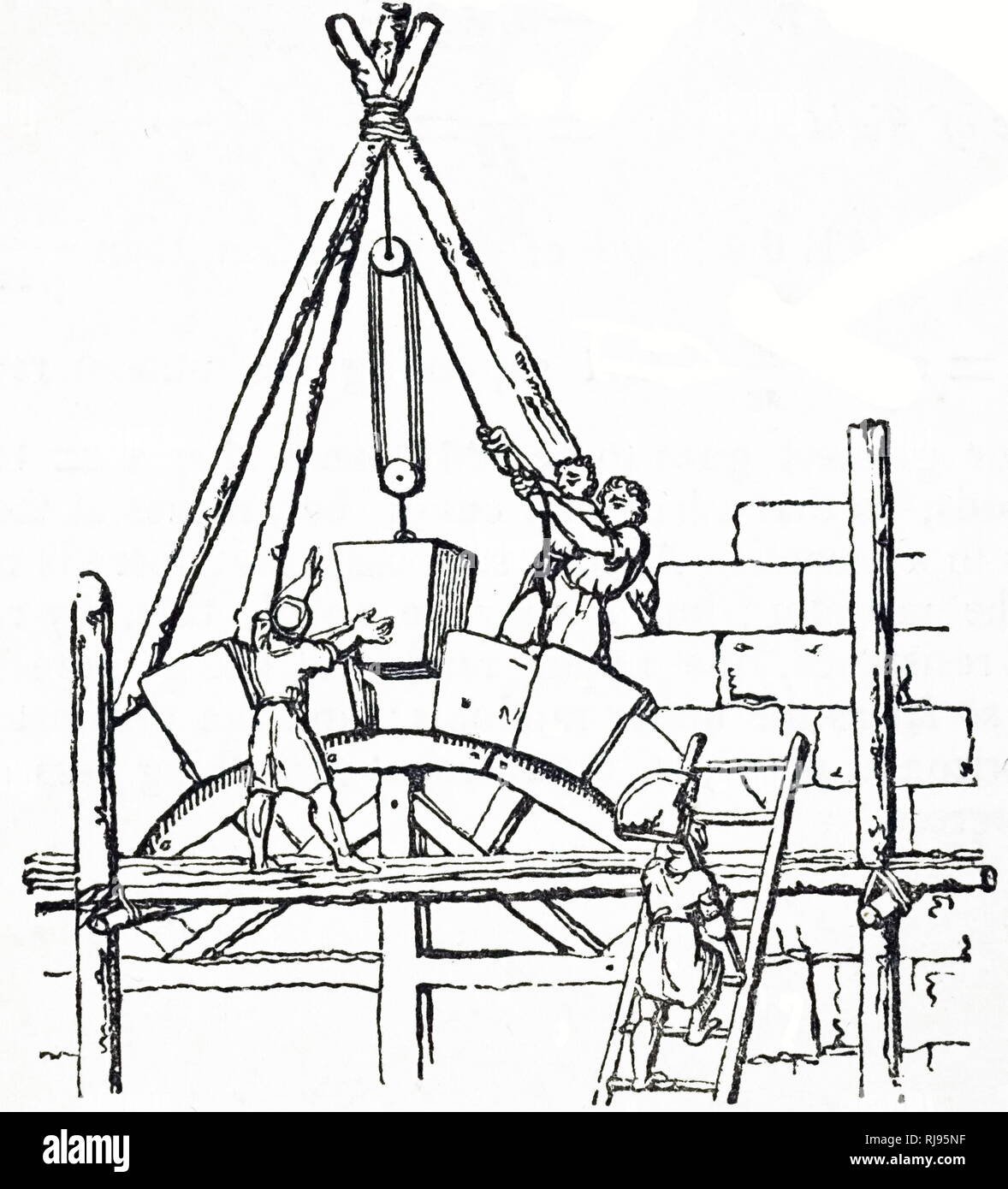 Abbildung: Bauherren anheben und Rangieren große ein Grundpfeiler für einen Bogen. England 1836 Stockfoto