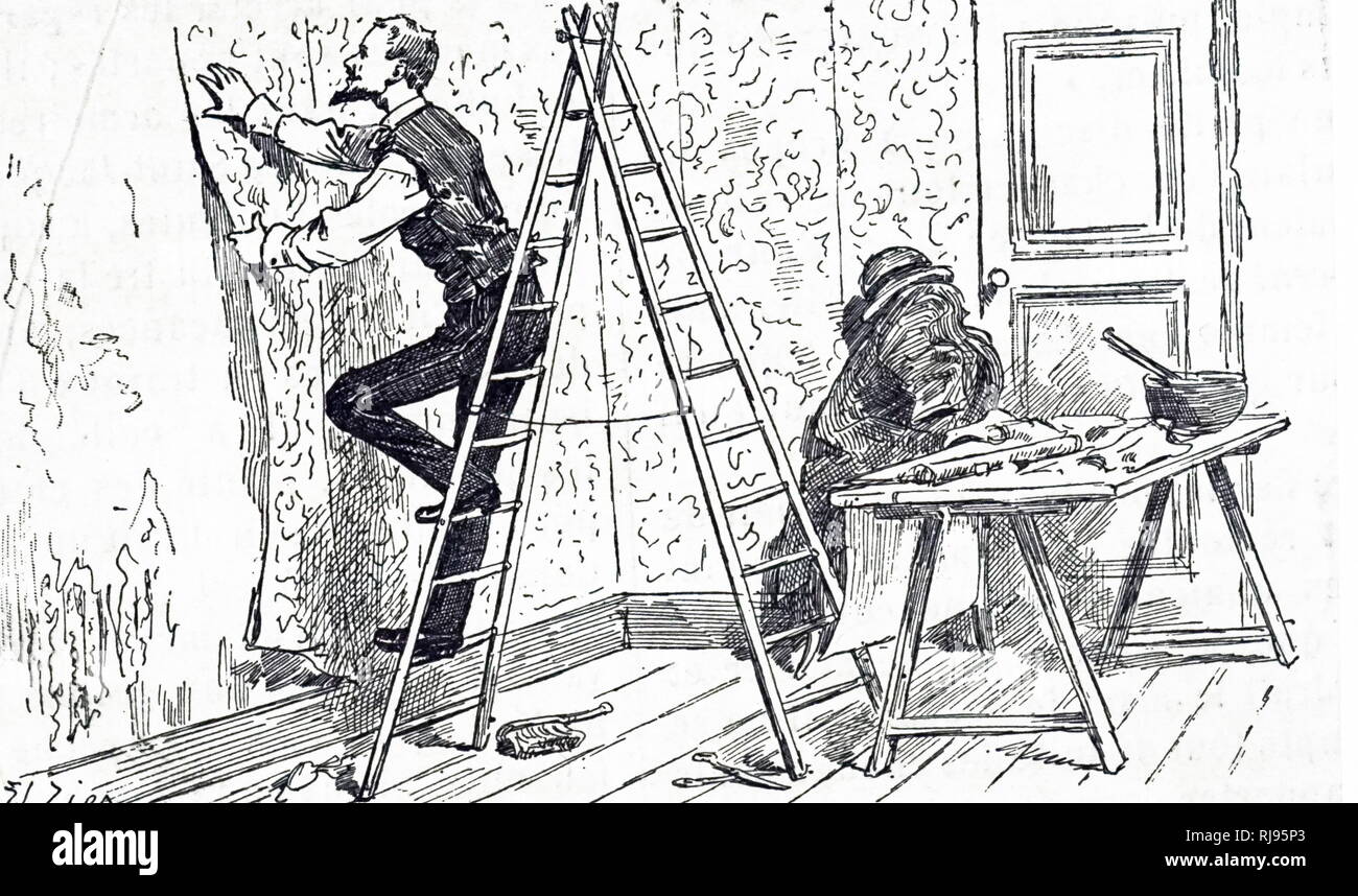 Jahrhundert, Mann hängende Wand Papier mit einer Leiter und einem trestle Table. Französisch, Illustration, 1886 Stockfoto