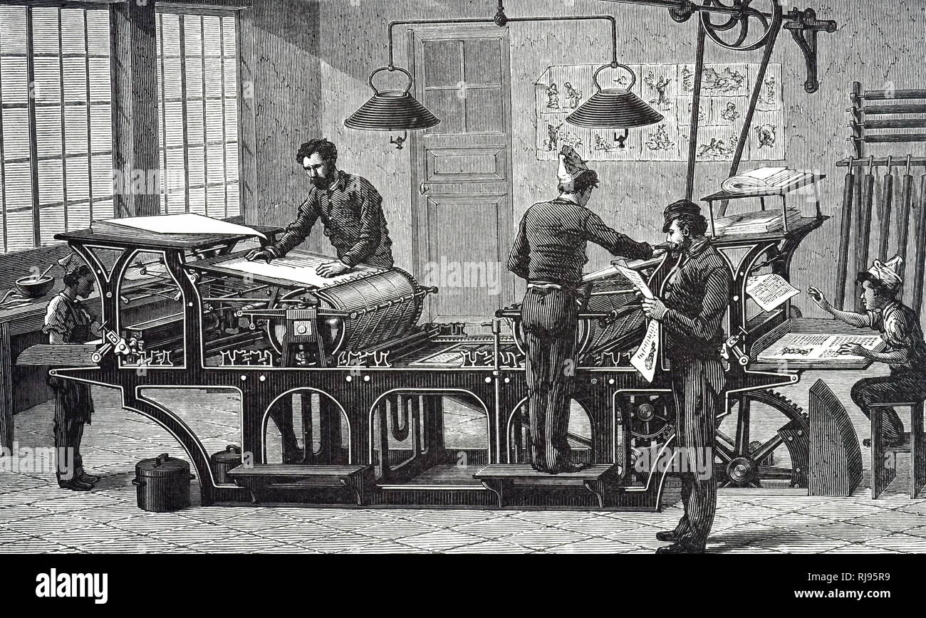 Eine Gravur der Darstellung einer Druckmaschine von einer Dampfmaschine angetrieben. Wurde die Maschine von einer obenliegenden Welle und Riemenantrieb gebracht. Illustriert von Amédée Forestier (1854-1930) ein englisch-französischen Künstler und Illustrator. Vom 19. Jahrhundert Stockfoto