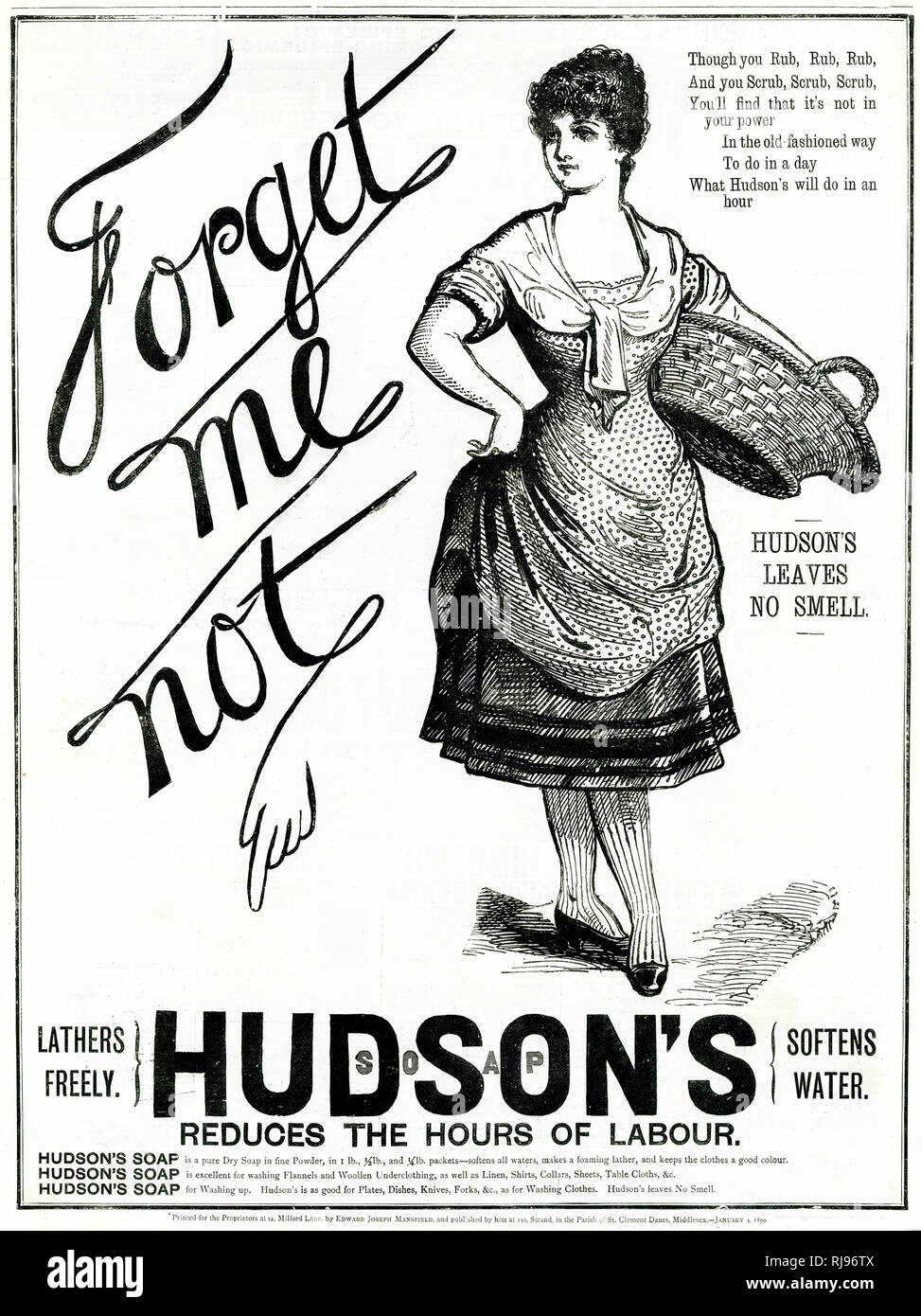 Werbung für "Hudson's Soap', eine Wäscherei frau Ihr Warenkorb Holding. Stockfoto