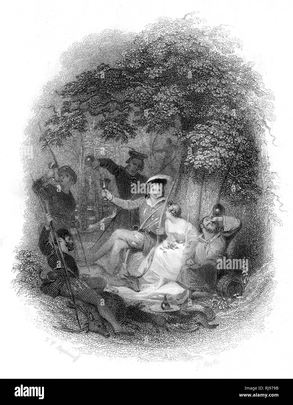 Robin Hood und Maid Marian und ihre Gefährten essen, trinken und fröhlich im Sherwood Forest. Stockfoto