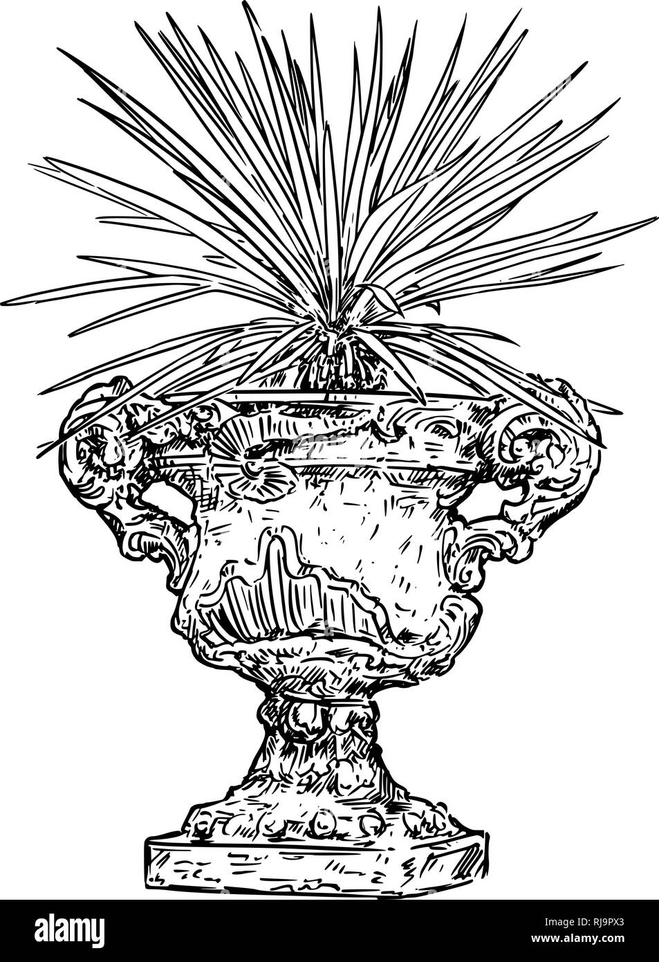 Zeichnung der alten antiken dekorativen Stein Kelch oder Vase mit Yucca Pflanze Stock Vektor