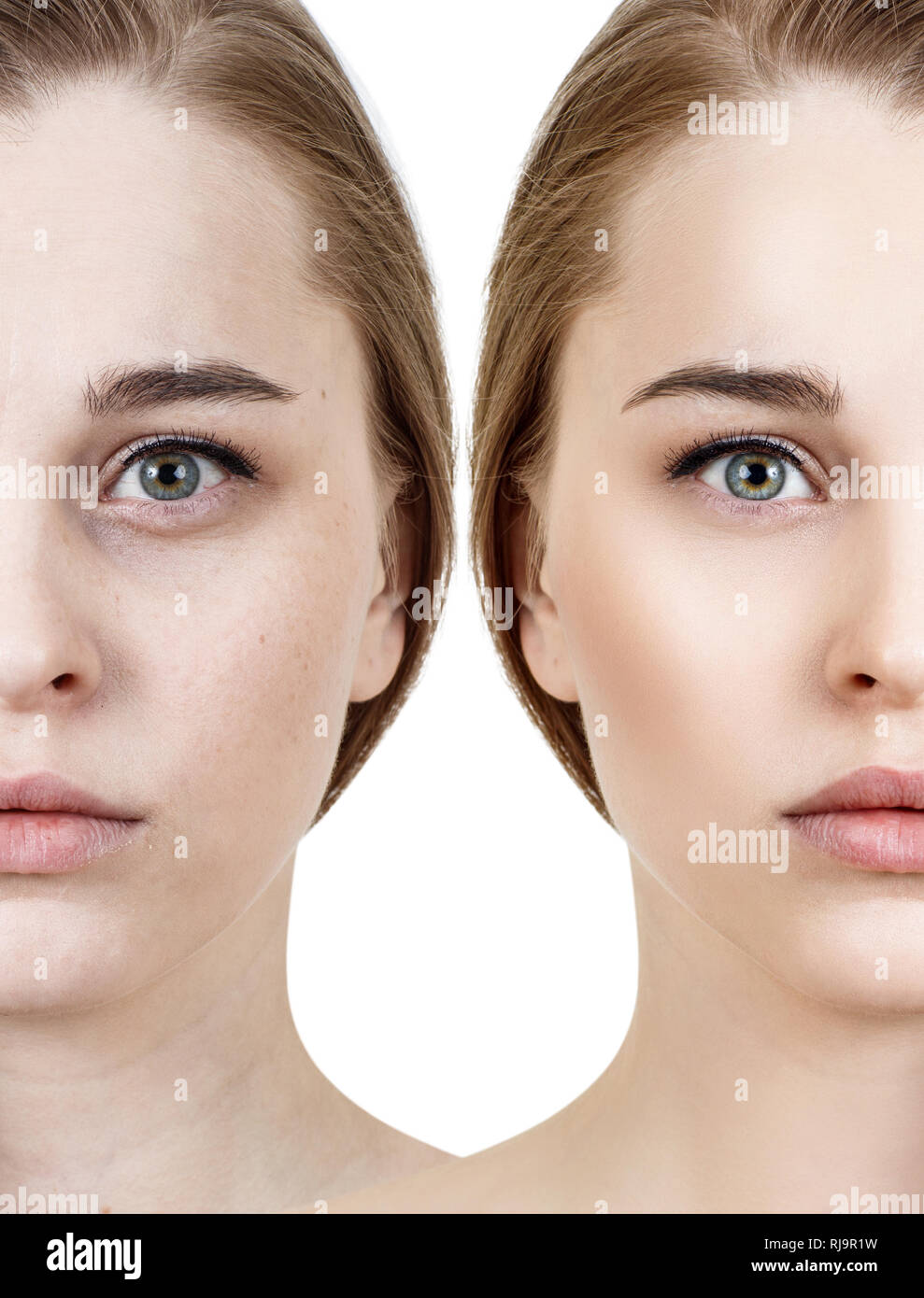 Vergleich-Porträt der jungen Frau vor und nach der Retusche. Stockfoto
