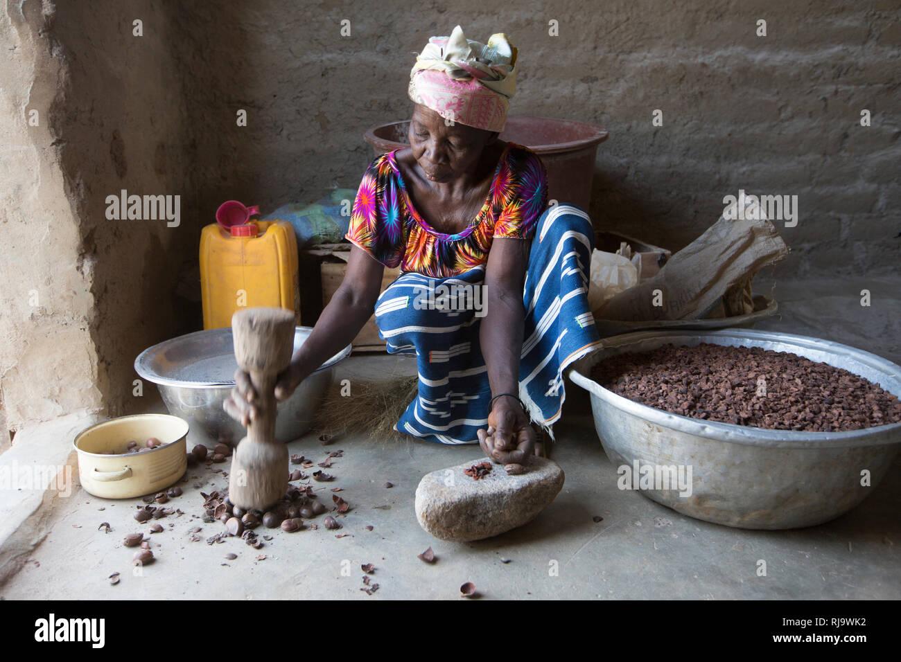 Baribsi Dorf, Yako, Burkina Faso, 30. November 2016; Kwama Koudougou, Beschuss Shea-nüsse Für shea butter Baribsi's Dorf Frauen Warengruppe. Stockfoto