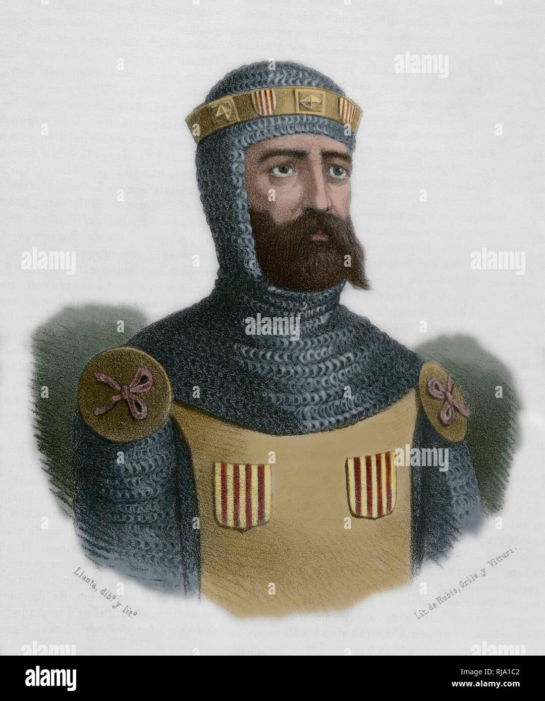 Wifredo el Velloso (Guifré el Pilós) (840-897). Conde de Urgel y de Cerdaña, de Barcelona, Gerona y Osona. Fué el último Conde de Barcelona designado por la monarquía Franca y el Primero que legó sus estados ein sus Hijos, originándose La casa Condal de Barcelona. Dibujo por Llanta. Litografía. Coloreada. Crónica de España, Historia y Ilustrada Descriptiva de Sus Provincias. Cataluña, 1866. Stockfoto
