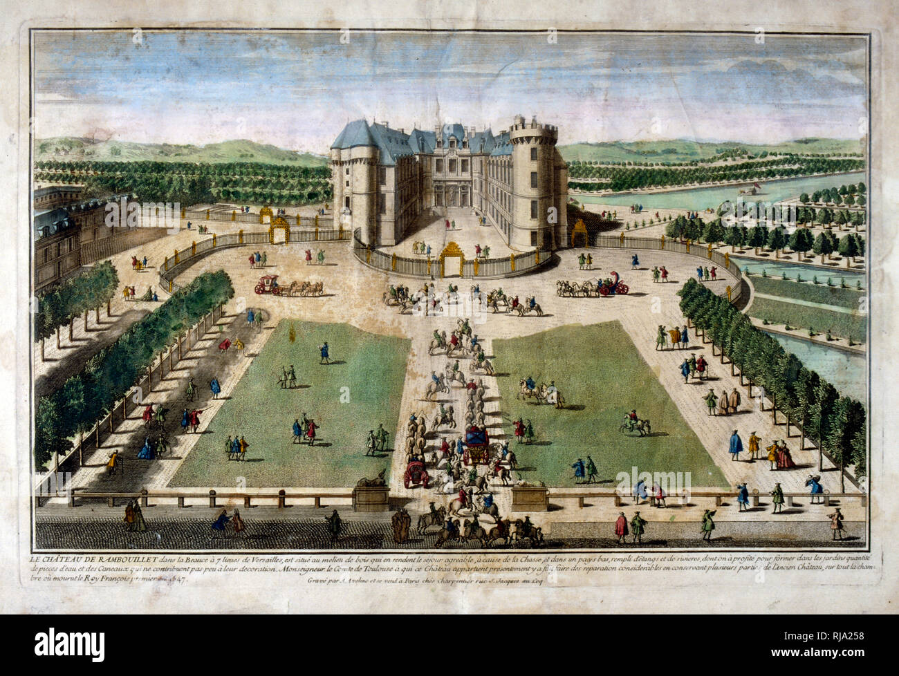 18. Jahrhundert eingravierten Abbildung des Château de Rambouillet, in der Stadt von Rambouillet, in Nordfrankreich, ursprünglich eine befestigte Manor war bis 1368 zurückgehen. Im Jahre 1783 wurde das Schloss im Privatbesitz von König Louis XVI. Während der Französischen Revolution, die Domäne von Rambouillet wurde Bien national, das Chateau entleert wird seiner Einrichtung und die Gärten und die umliegenden Park fallen in Vernachlässigung. Stockfoto