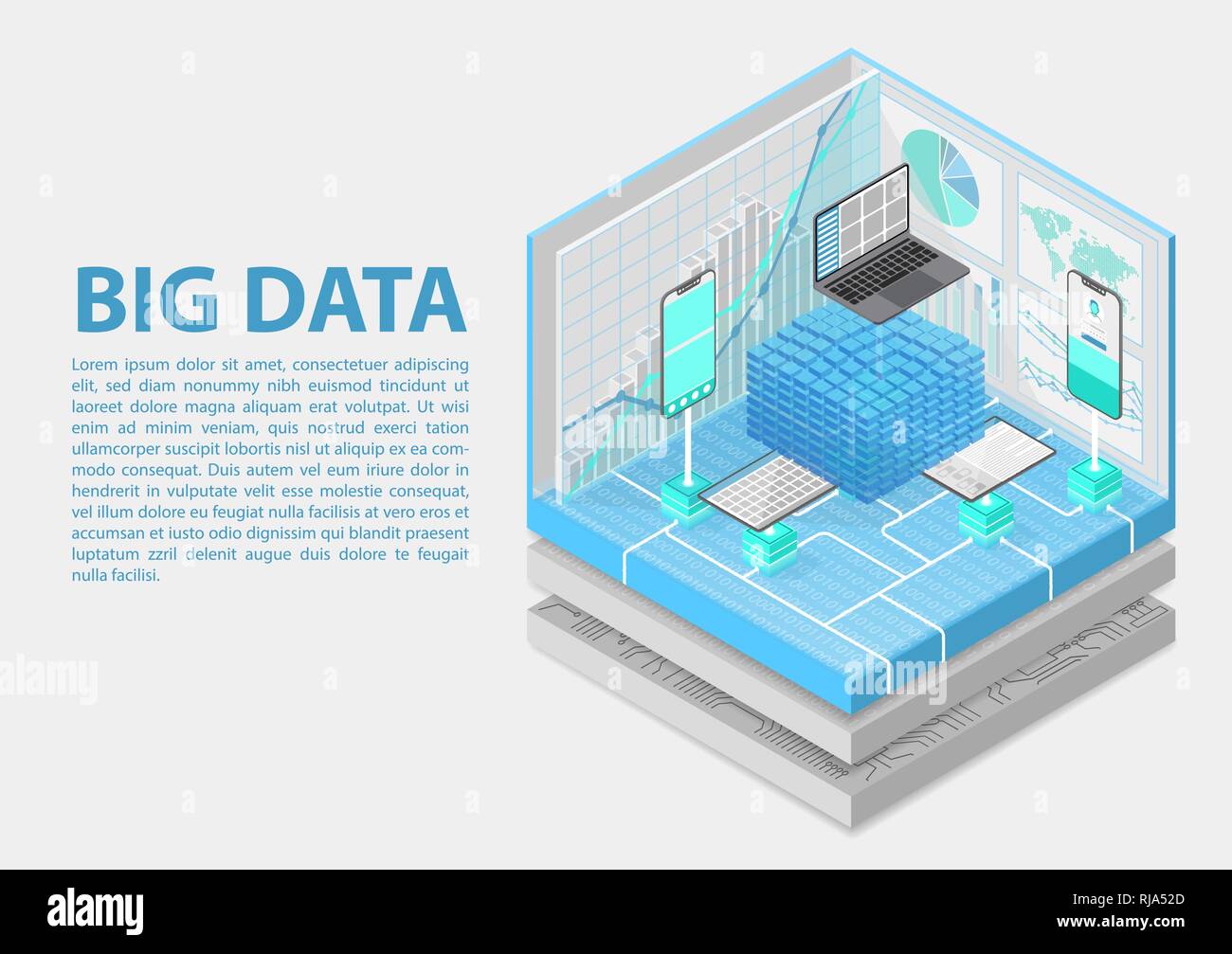 Big Data und Analyse Konzept mit digitalen Daten Würfel als isometrische Vector Illustration Stock Vektor