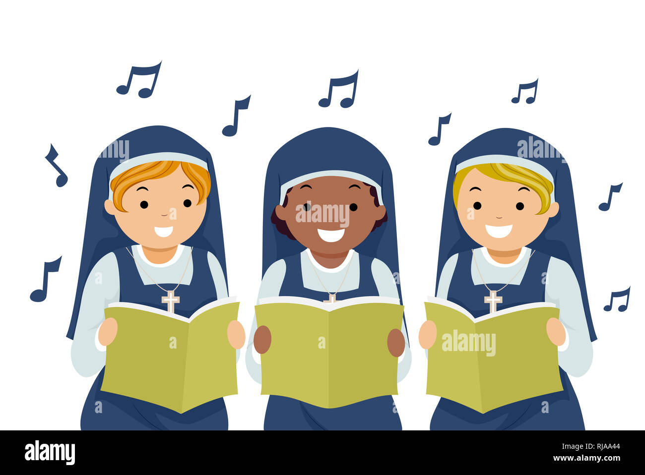 Abbildung: Stickman Mädchen Nonnen Holding Song Book und Singen lobt mit Noten im Umlauf Stockfoto