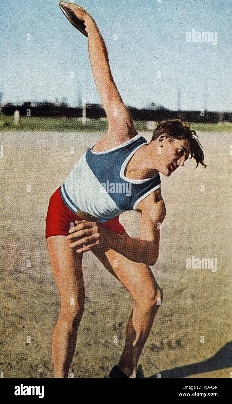 Foto von Jules Noel im Discus throw konkurrieren in der 1932 olympischen Spiele. Er gewann Gold werfen 47.84 Meter. Stockfoto