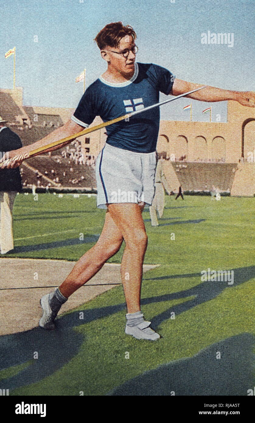 Foto von Matti Jarvinen (1909-1985) konkurrieren im Speerwurf bei den Olympischen Spielen 1932. Von 1930 bis 1936 Matti verwaltet die Javelin Weltrekord zehn Mal hintereinander zu brechen. Er nahm Gold leicht in Los Angeles. Stockfoto