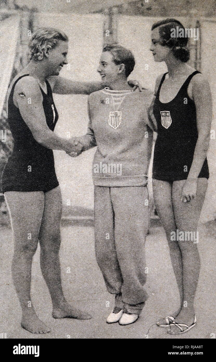 Foto von Georgia Coleman (1912-1940), Katherina Rawls und Jane Fauntz (1910-1989) einen der 1932 olympischen Spiele. Stockfoto