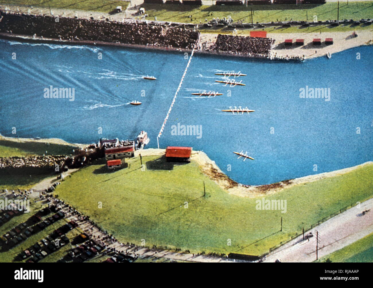 Luftbild der rudern Rennen in Long Beach an der 1932 olympischen Spiele. Stockfoto