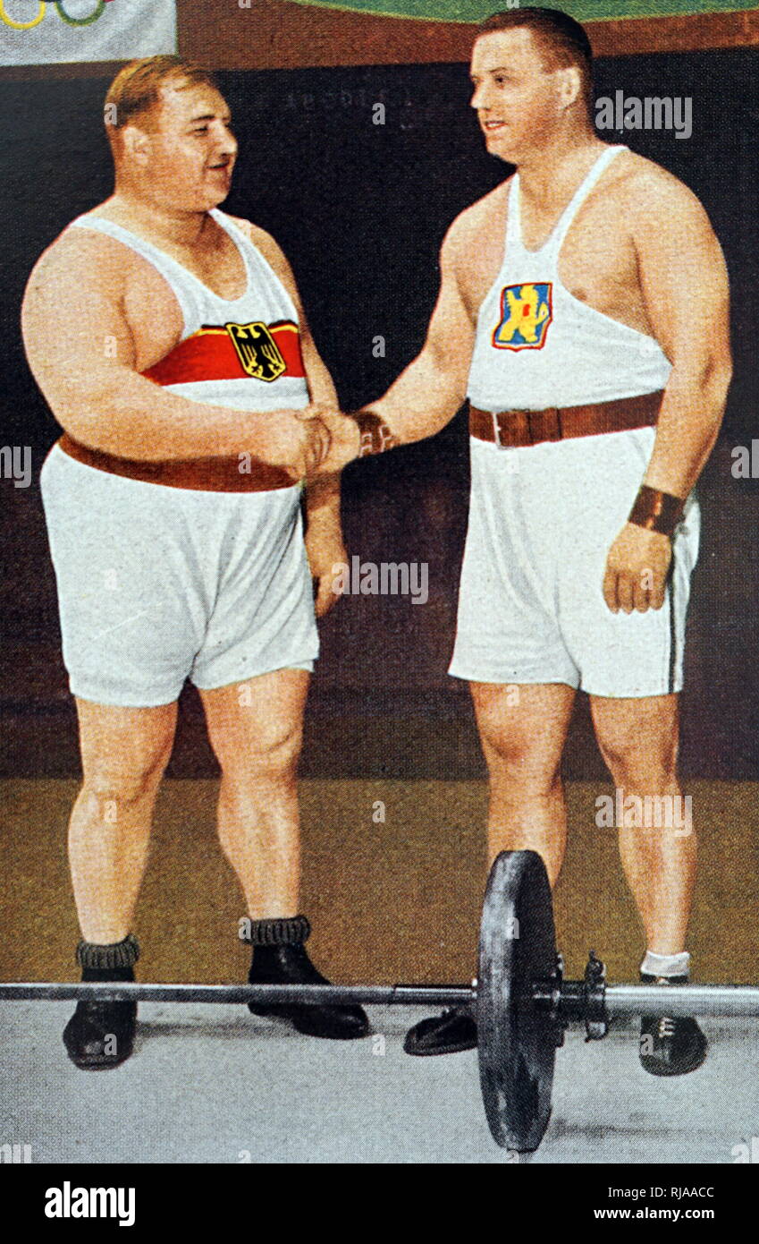 Foto von Dr. Josef Straßberger (1894-1950) und Jaroslav Skobla (1899 - 1959) im Jahr 1932 Olympische Spiele. Jaroslav Gold für die Tschechoslowakei und Josef Bronze für Deutschland im Schwergewicht. Stockfoto