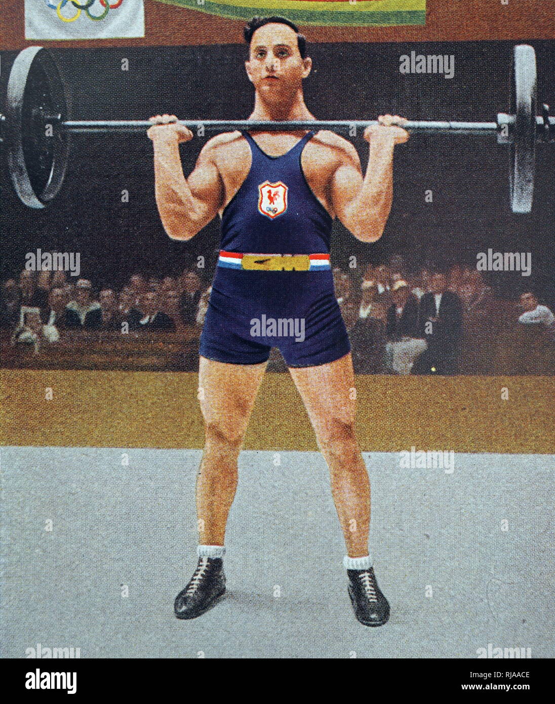 Foto von René Duverger (1911 - 1983) im Jahr 1932 Olympische Spiele. Rene gewann Gold in der 67,5 kg Klasse Gewichtheben für Frankreich. Stockfoto