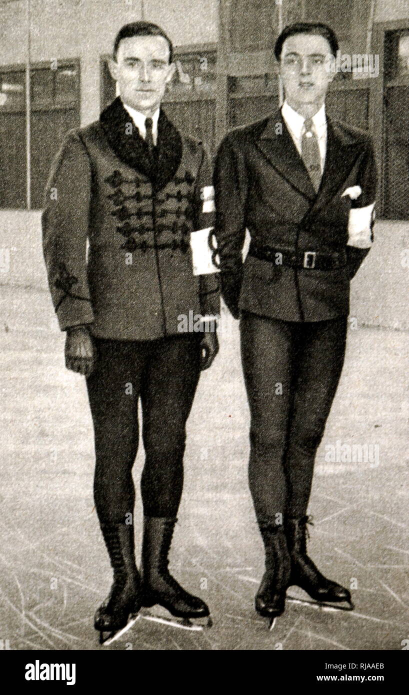 Foto (rechts) Karl Schäfer (1909-1976) aus Österreich und Gillis Grafström (1893-1938) aus Schweden (links) an den Olympischen Winterspielen 1932. Karl gewann Gold in der Men's singles Eiskunstlauf, während Gilles Silber nahm. Stockfoto