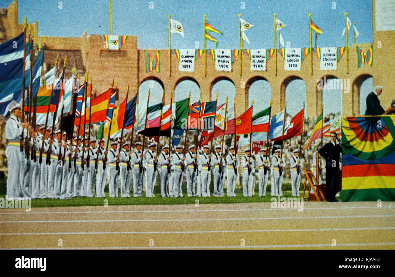 Abschlussfeier der Olympischen Spiele 1932. Vorsitzender des Olympischen Komitees zählen Henri II de Baillet-Latour von 50 Nationen, die an den Olympischen Spielen teilgenommen. Stockfoto