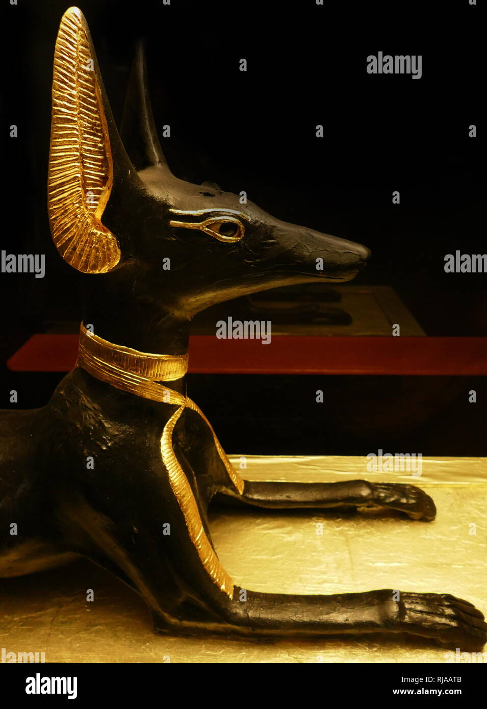 Wiederaufbau des Anubis Schrein; Teil der Götter das Grab von Tut-ench-Amun; (18. Dynastie, Neues Reich). Das Grab (KV 62) war fast unversehrt am 4. November 1922 im Tal der Könige in Theben entdeckt von Howard Carter. Heute ist das Objekt eine Ausstellung im Ägyptischen Museum in Kairo. Die Statue von Anubis, in tierischer Form dargestellt zeigt ein Schakal liegen auf dem Schrein aus Holz, mit schwarzer Farbe und Blattgold überzogen ist. Die Anubis Schrein wurde in der grabkunst Prozession der Pharao verwendet und schließlich vor dem Kanopenkasten im Store Zimmer gestellt. Dies und die Ausrichtung der t Stockfoto