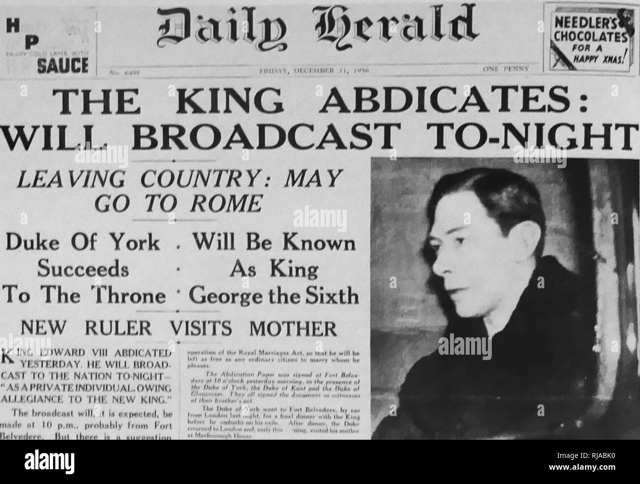 Zeitung Schlagzeile in der britischen Presse während der Abdankung 1936 Krise. Diese konstitutionelle Krise in das Britische Empire entstand, als King-Emperor Edward VIII vorgeschlagen, Wallis Simpson, eine US-amerikanische Prominente, die von ihrem ersten Ehemann geschieden wurde und verfolgte die Scheidung von ihrem zweiten zu heiraten. Stockfoto