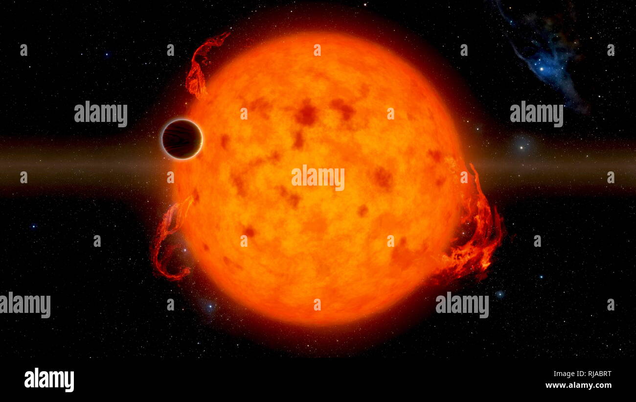 K2-33 b, in dieser Abbildung dargestellt, ist einer der jüngsten Exoplaneten entdeckt. Es macht einen kompletten Umlaufbahn um den Stern in etwa fünf Tage. Astronomen entdeckten die jüngste vollständig geformten Exoplanet überhaupt erkannt. Die Entdeckung wurde mit Hilfe der NASA-Weltraumteleskop Kepler und seinem erweiterten K2-Mission sowie die W. M. Keck Observatoriums auf dem Mauna Kea, Hawaii. Exoplaneten sind Planeten, die unsere Sonne umkreisen Sterne hinaus. Die neuentdeckten Planeten, K2-33 b, ist ein bisschen größer als Neptun und Peitschen fest um seinen Stern alle fünf Tage. Es ist nur 5 bis 10 Millionen Jahre alt und gehört damit zu einem sehr Stockfoto