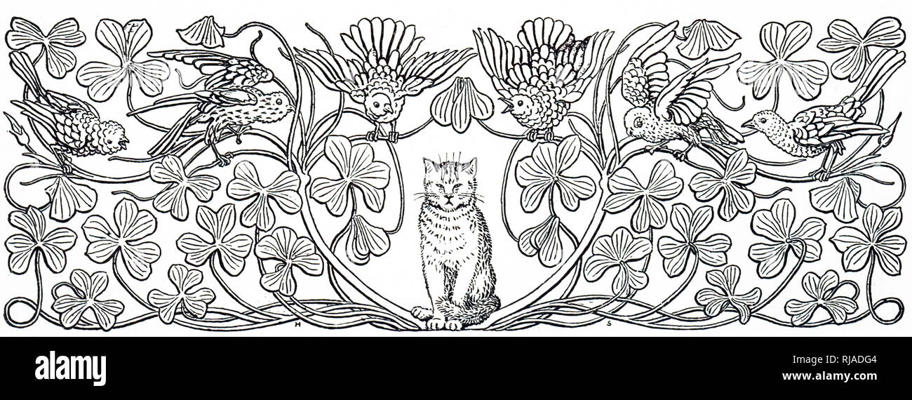 Eine Gravur, die Vögel von einer Katze alarmiert. Mit Ill. von George Heywood Sumner (1853-1940) ein englischer Maler, Illustrator und Handwerker. Vom 19. Jahrhundert Stockfoto