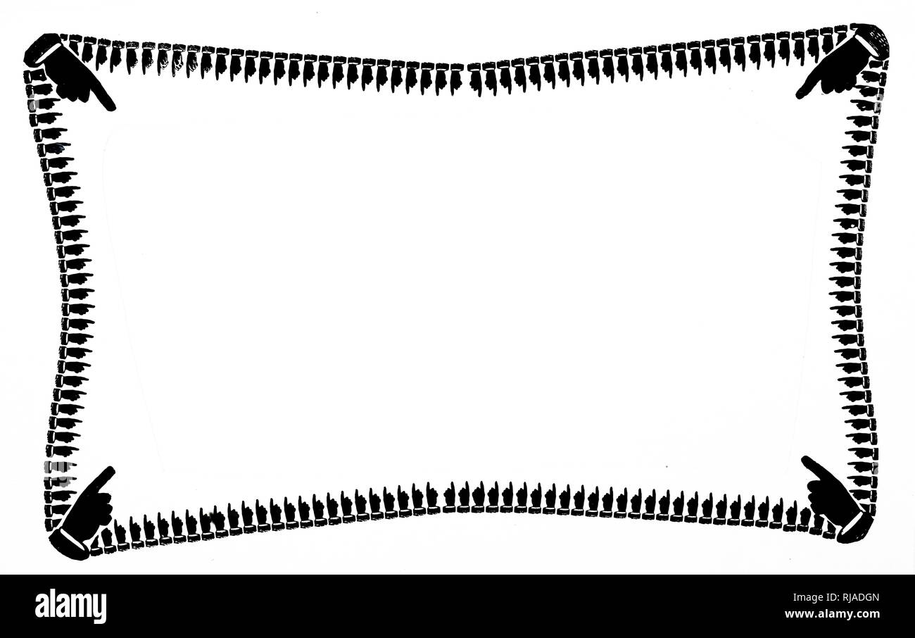 Ein kupferstich mit der Darstellung eines dekorativen Surround mit Händen in Richtung Zentrum. Vom 19. Jahrhundert Stockfoto