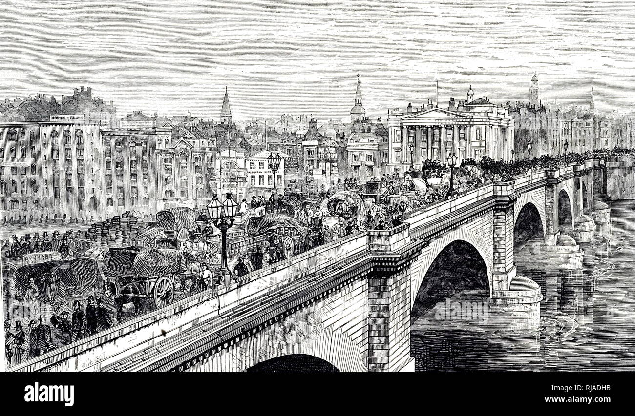 Eine Gravur, die London Bridge überfüllt mit Verkehr. Vom 19. Jahrhundert Stockfoto
