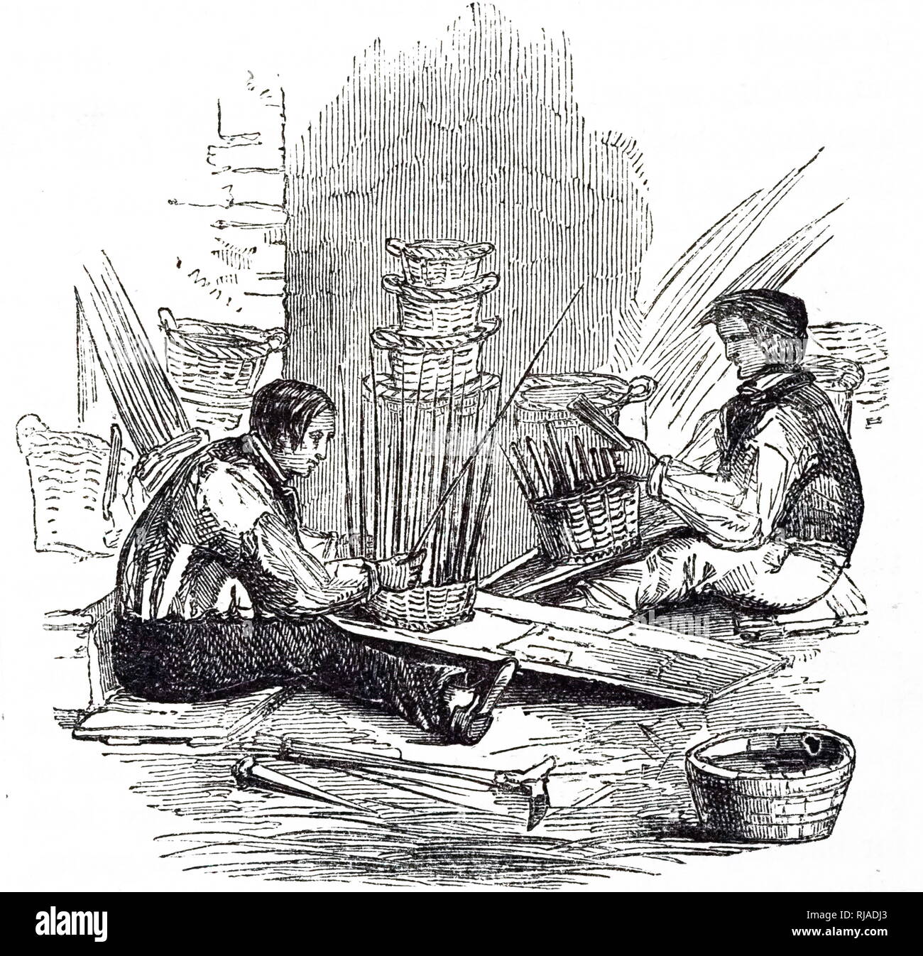 Eine Gravur mit zwei männlichen Korbflechter. Vom 19. Jahrhundert Stockfoto