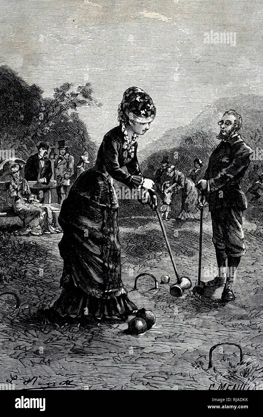 Eine Gravur mit ein paar spielen eine Partie Krocket. Vom 19. Jahrhundert Stockfoto