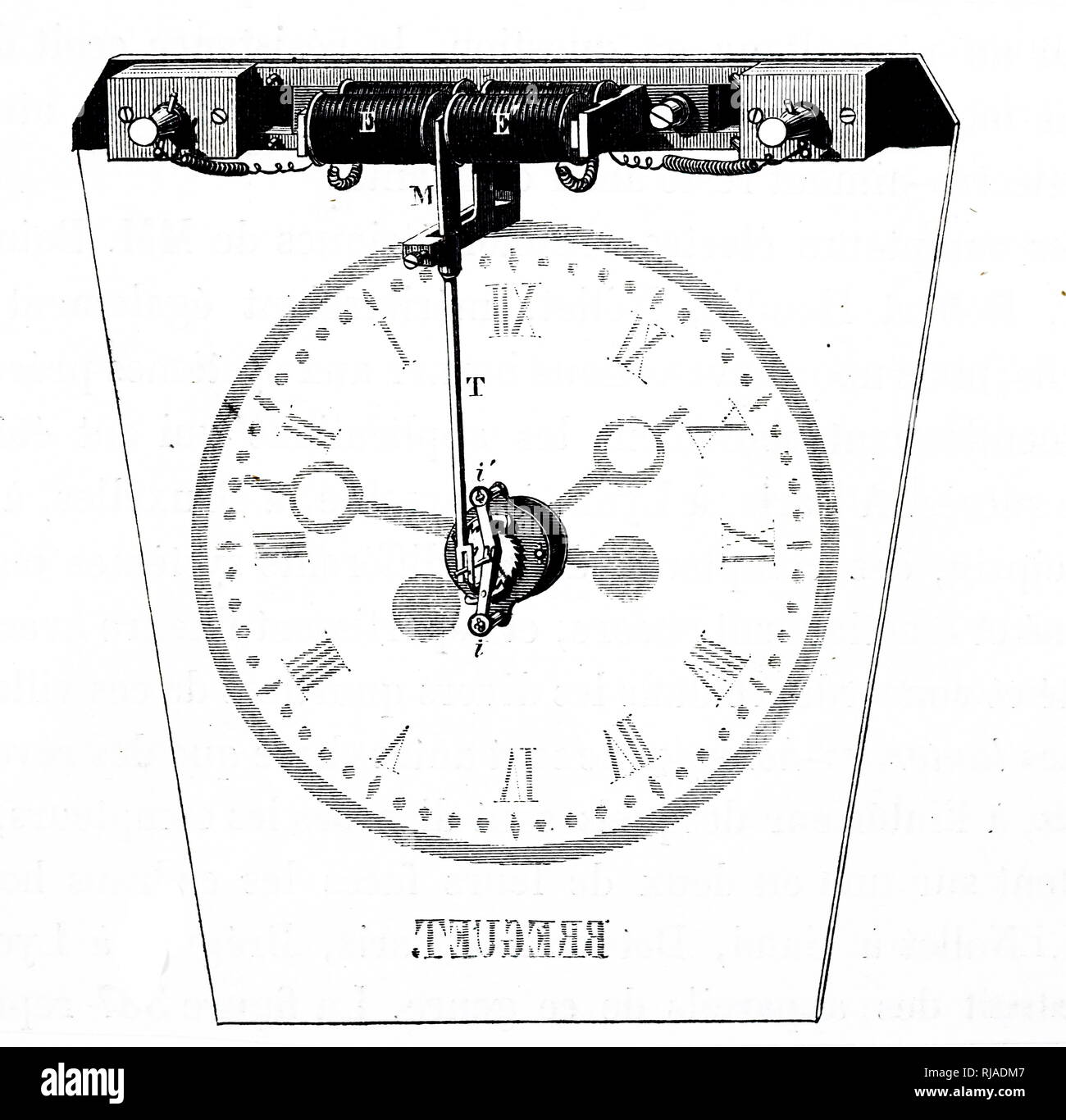 Ein kupferstich mit der Darstellung der Mechanismus der elektrischer Uhren von Breguet. Vom 19. Jahrhundert Stockfoto
