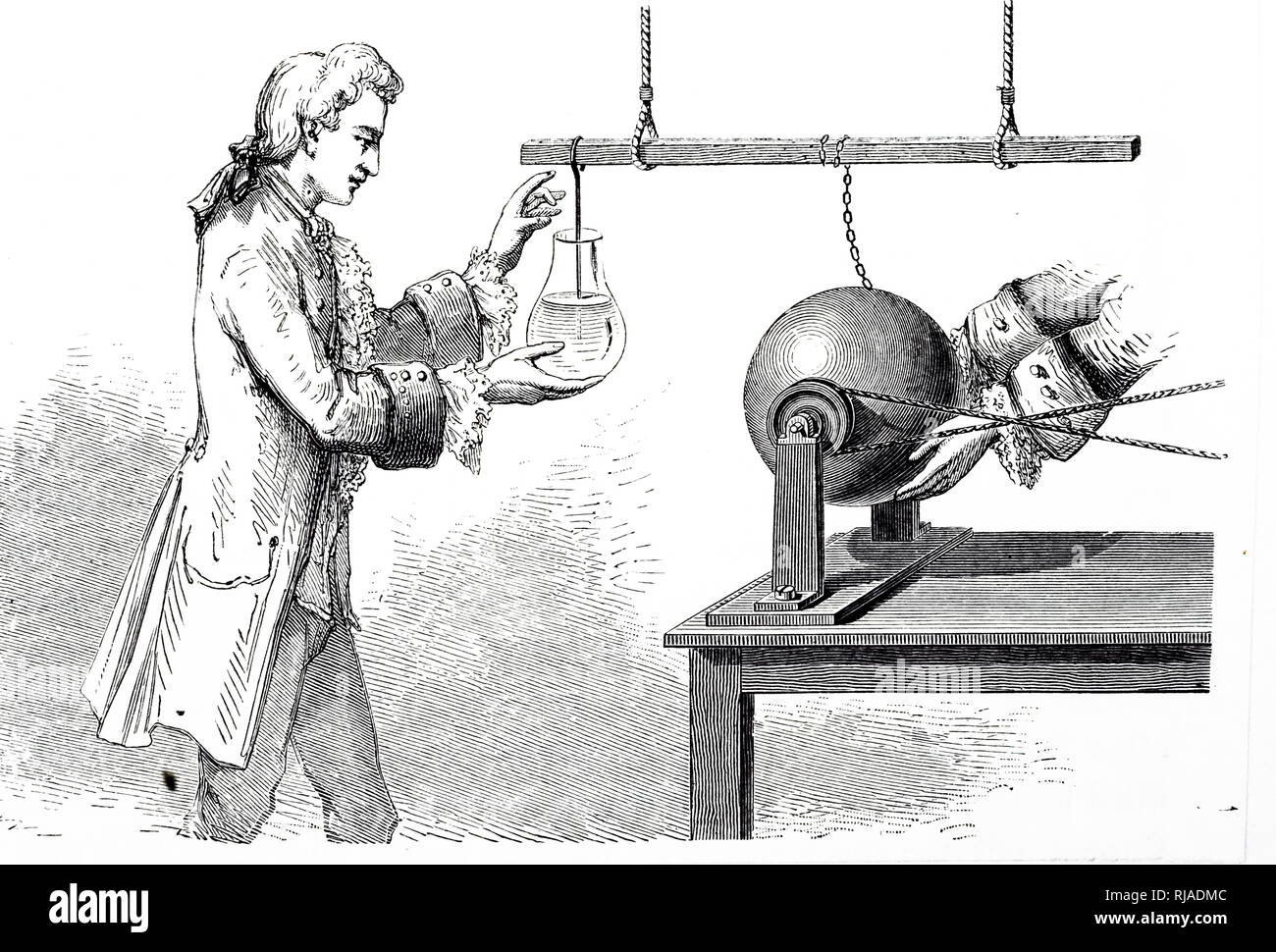 Eine Gravur, Andreas Cuneus Versuch zu elektrifizieren Wasser in einer Flasche mit Leyden (1746). Muschenbroek, Cuneus" Lehrer, wiederholte das Experiment und war durch den Schock bekam er Angst. Vom 19. Jahrhundert Stockfoto