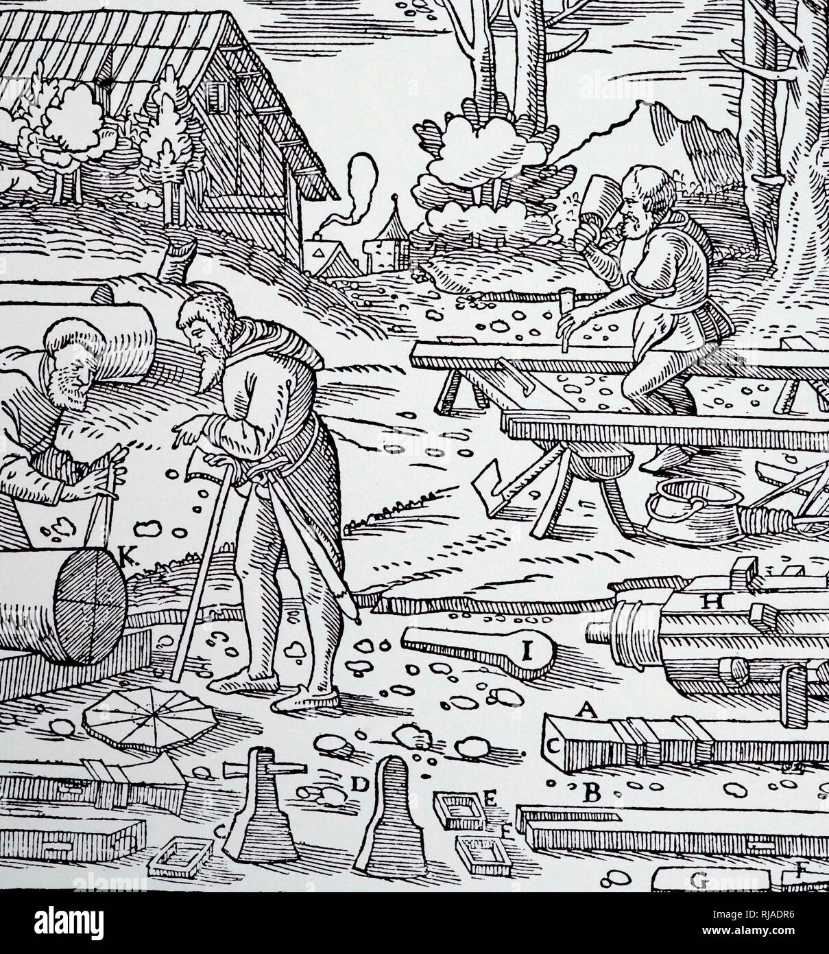 Ein holzschnitt Kupferstich mit der Darstellung eines Tischler einen Stanzen Mühle ein, Stempel, B, Stammzellen, H, CAM-Welle, I, Cam. Vom 16. Jahrhundert Stockfoto