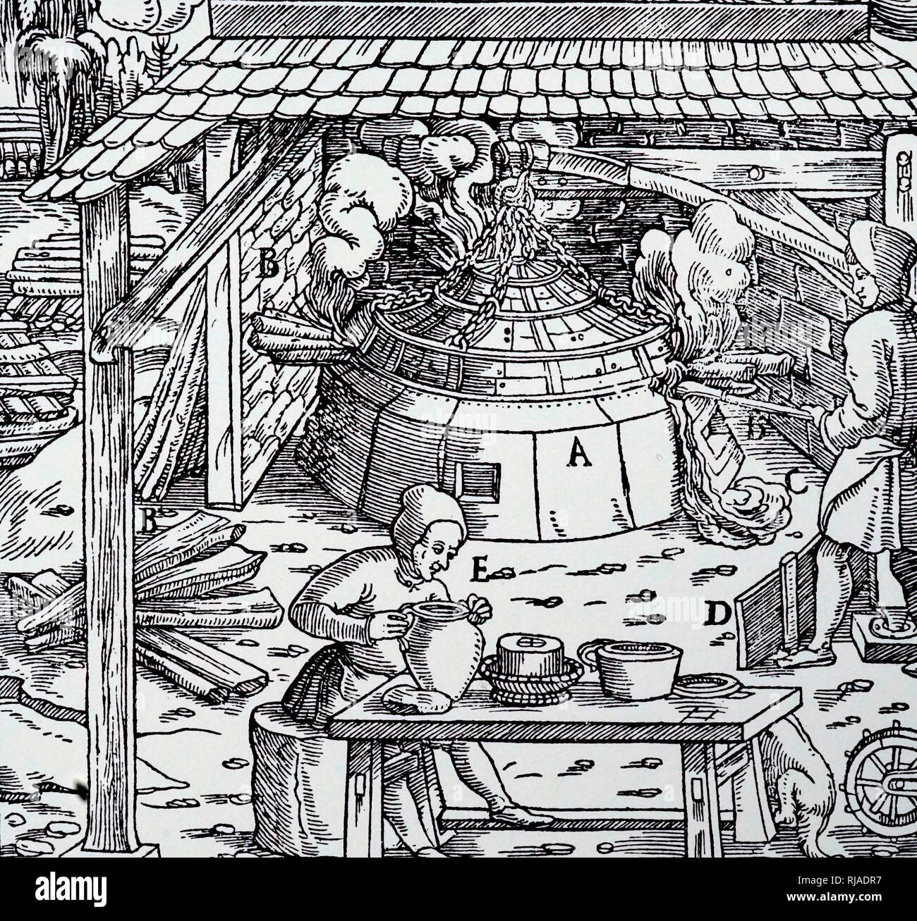 Ein holzschnitt Kupferstich mit der Darstellung der Trennung von Blei aus Silber oder Gold in einem cupellation Ofen. Vom 16. Jahrhundert Stockfoto
