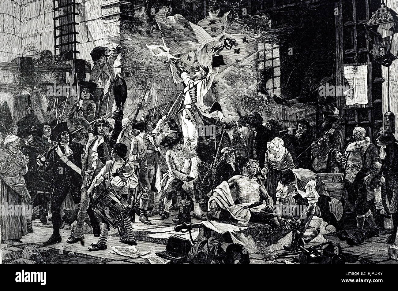 Ein kupferstich mit der Darstellung der erfolgreichen Eroberung der Bastille - 14. Juli 1789. Vom 19. Jahrhundert Stockfoto