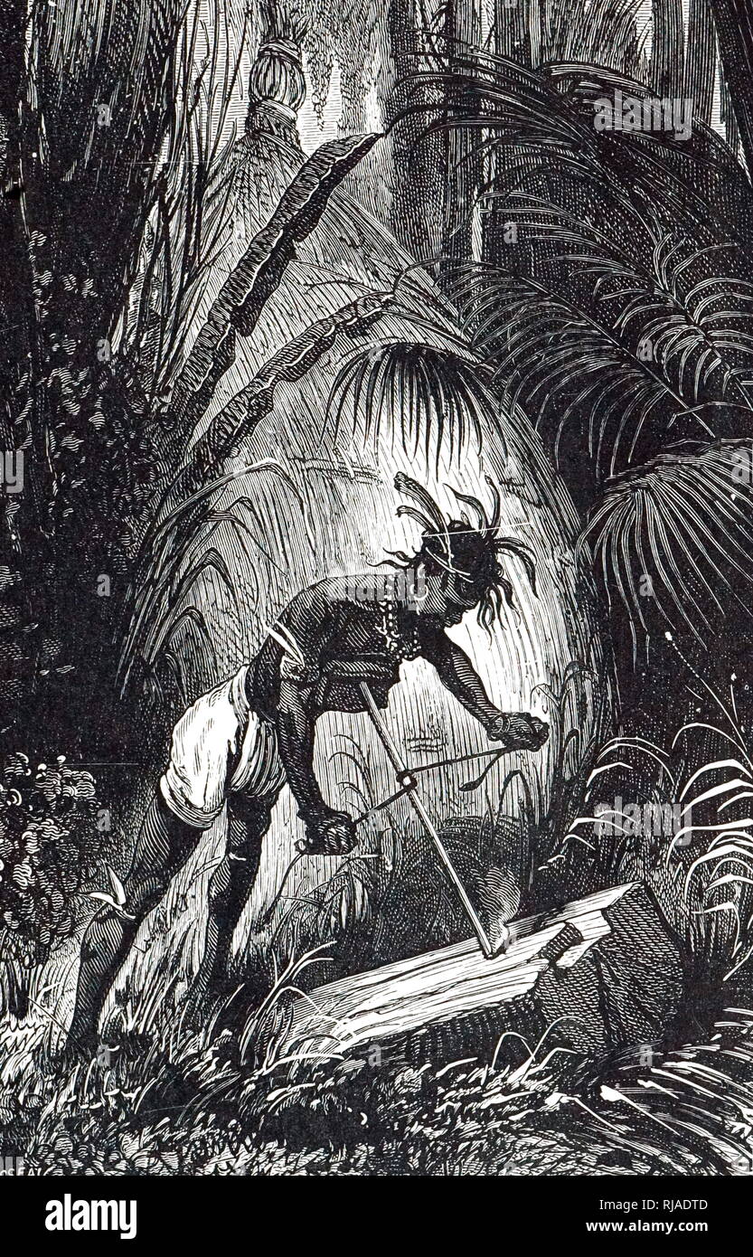 Ein kupferstich mit der Darstellung eines Nordamerikanischen Indianer, Brand, der durch zwei Stücke Holz scheuern. In der Druck-, Feuer-Drill ist durch die Festsetzung einer Schnur um die Stick gemacht. Definitiv ein Vorschuß auf die Primitiveren Blister- Methode. Vom 19. Jahrhundert Stockfoto