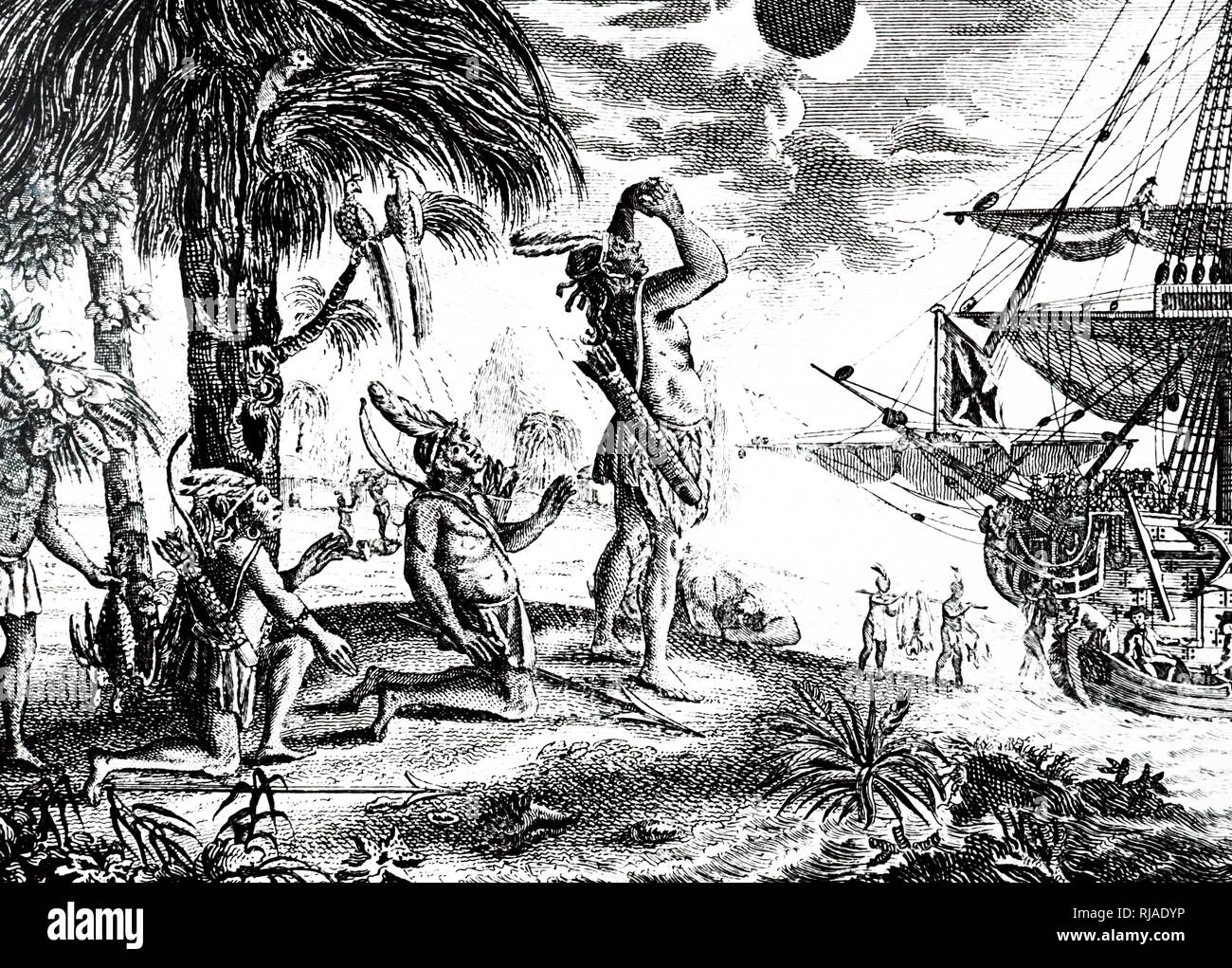 Eine Gravur der Darstellung Inder erstaunt über die Verfinsterung des Mondes wie vorausgesagt von Christopher Columbus. Vom 19. Jahrhundert Stockfoto