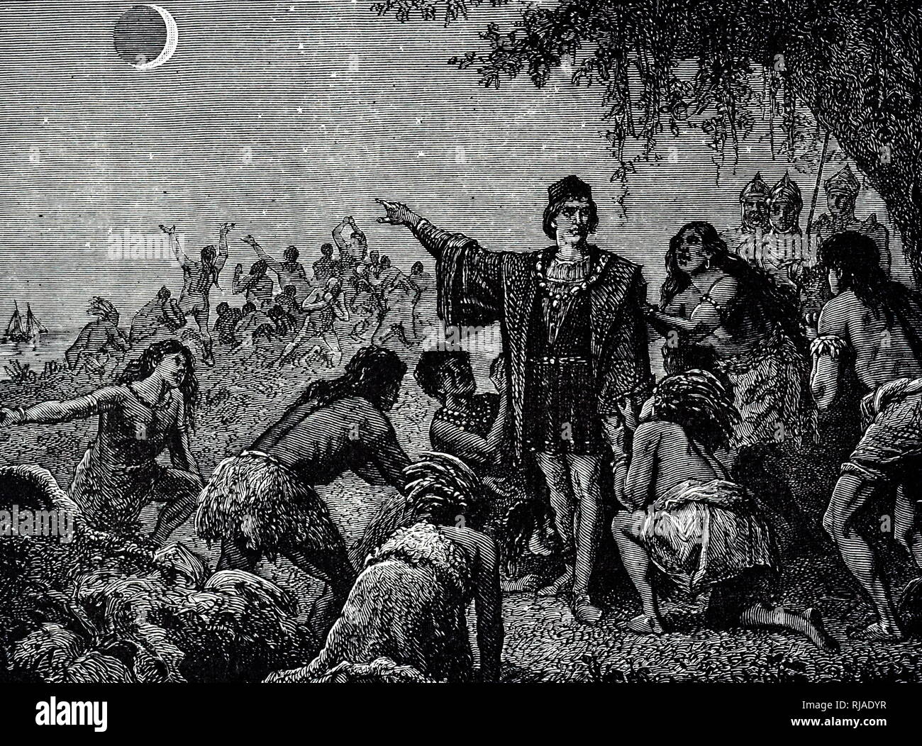 Eine Gravur der Darstellung Inder erstaunt über die Verfinsterung des Mondes wie vorausgesagt von Christopher Columbus. Vom 19. Jahrhundert Stockfoto