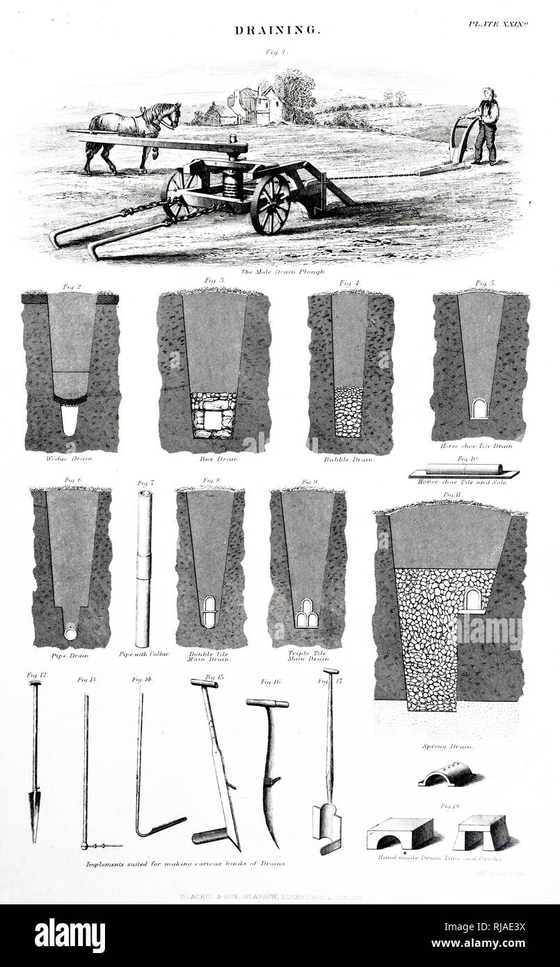 Abbildung: Darstellung einer aus dem 19. Jahrhundert, Entleeren (Drainage) Pflug und verschiedene Arten ablassen Stockfoto