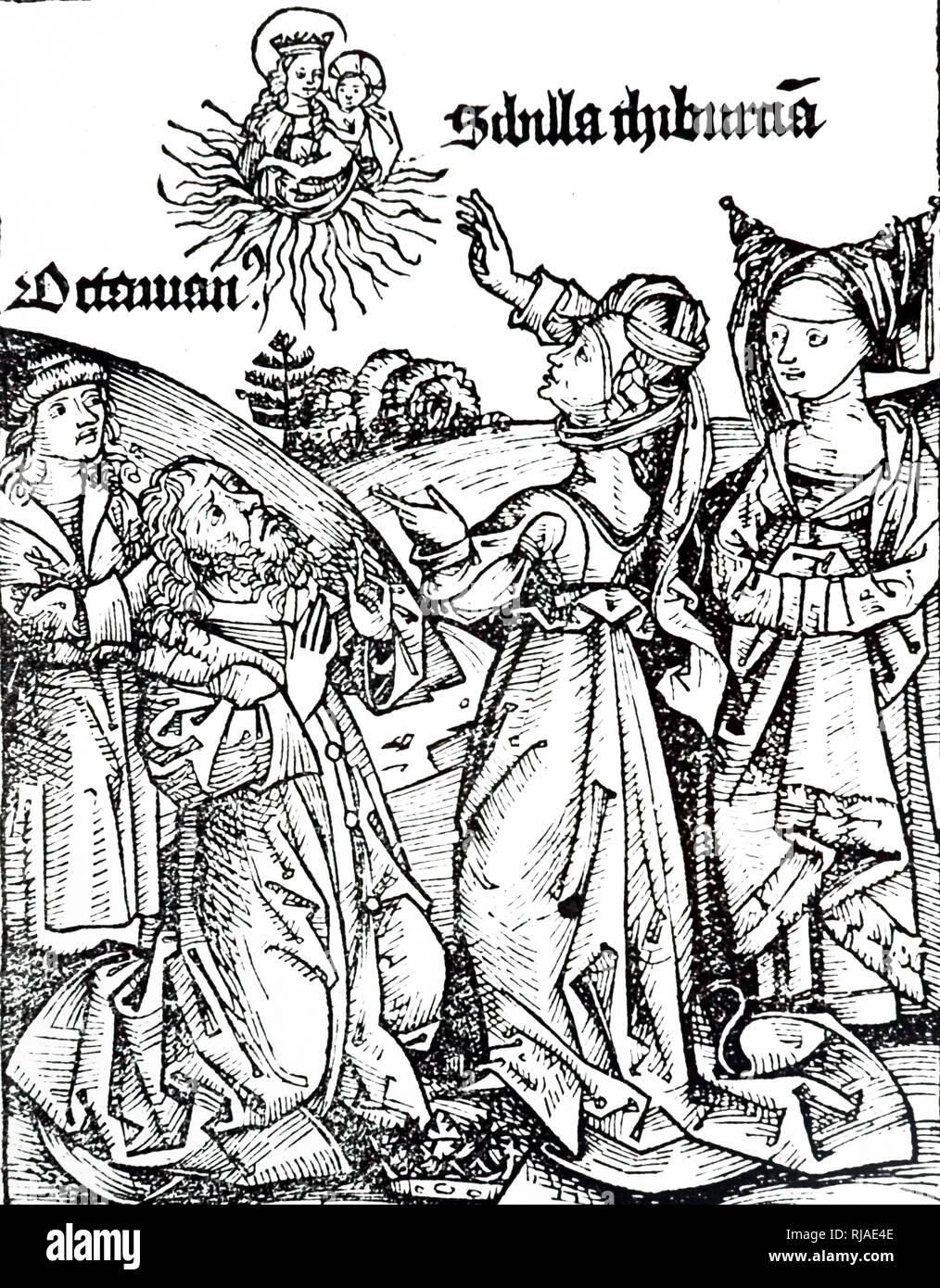 Die Tiburtine Sibyl erfüllt Augustus, Meister der Tiburtine Sibyl, Illustration aus dem Nürnberger Chronik. 1493. Die mythische Treffen der Cesar Augustus mit dem Sibyl, von denen er fragte, ob er als Gott angebetet werden sollte, war ein beliebtes Motiv der Christlichen Künstler. Die Sibylle war der Etruskischen Sibylle von Tibur oder die Griechische Sibylle von Cumae ist nicht immer klar. Die christlichen Thema lactantius die Sibyl in Frage als Tiburtine Sibyl identifiziert Stockfoto