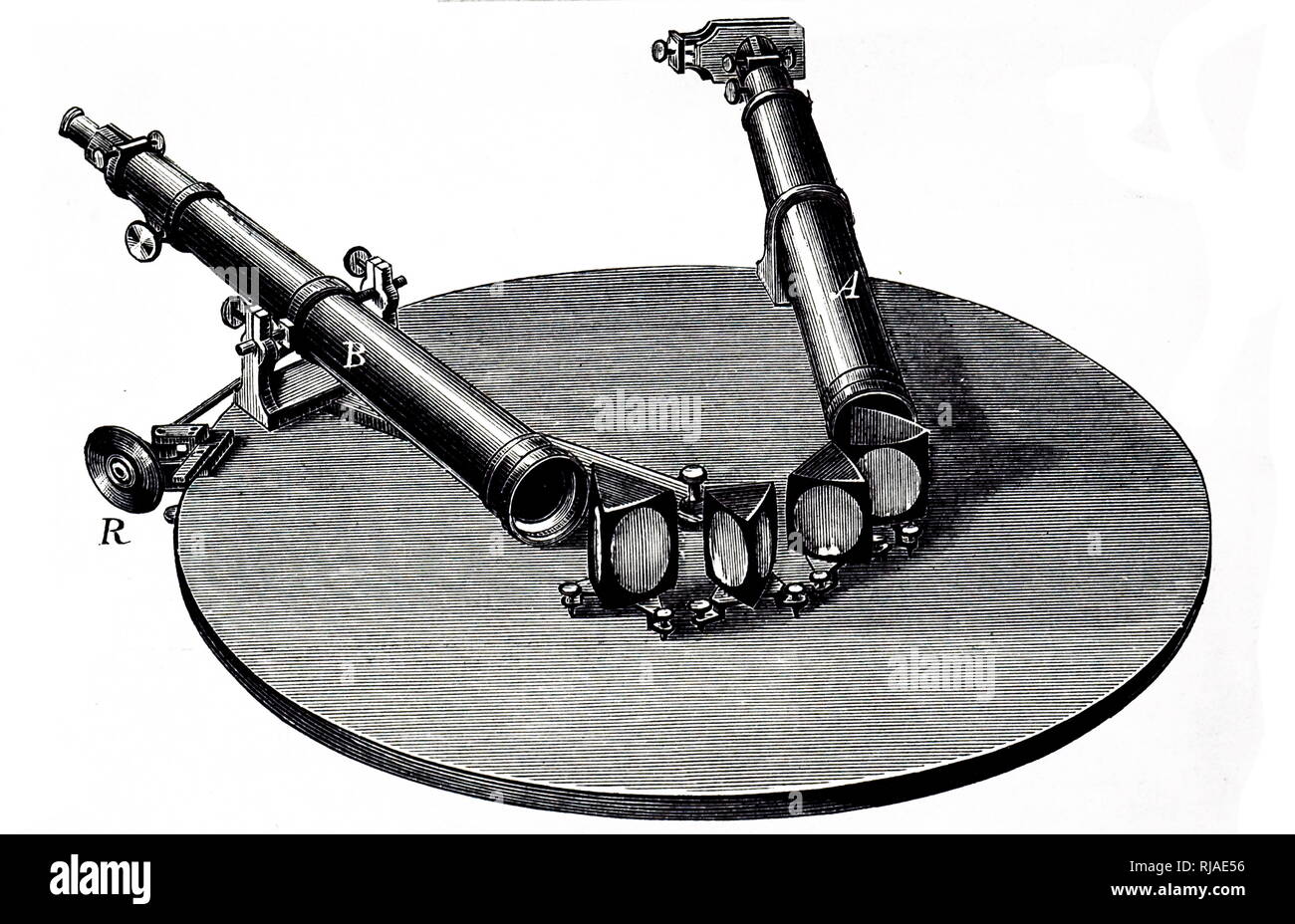 19 Abbildung mit einem Spektroskop verwendet von Gustav Robert Kirchhoff (1824-1887), deutscher Physiker, die das grundlegende Verständnis der elektrischen Schaltkreise, Spektroskopie beigetragen und die Emission von schwarzen Körper Strahlung, die von beheizten Objekte. Stockfoto