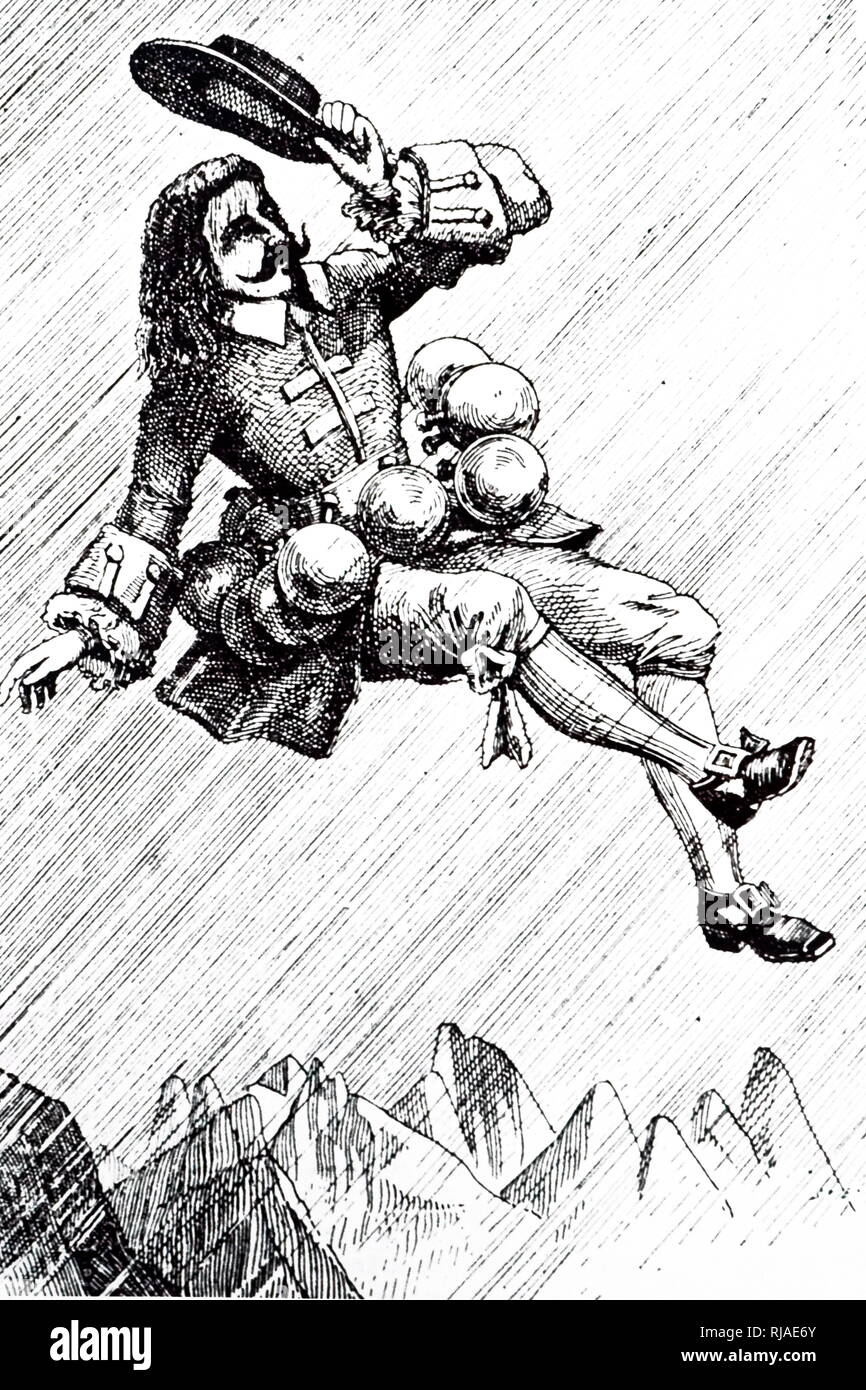 Abbildung: Cyrano de Bergerac fliegen mit Flaschenzug Energie durch Flaschen der Dew durch Sonneneinstrahlung verdunstet. Savinien de Cyrano de Bergerac (1619 - 1655), war ein französischer Romanautor, Dramatiker und duelist. Eine mutige und innovative Autor, seine Arbeit war Teil der libertine Literatur der ersten Hälfte des siebzehnten Jahrhunderts. Heute ist er am besten ist, als Inspiration für das Edmond-rostand wichtigsten Schauspiel Cyrano de Bergerac, der, obwohl umfasst Elemente seines Lebens genannt, enthält auch die Erfindung und Mythos Stockfoto