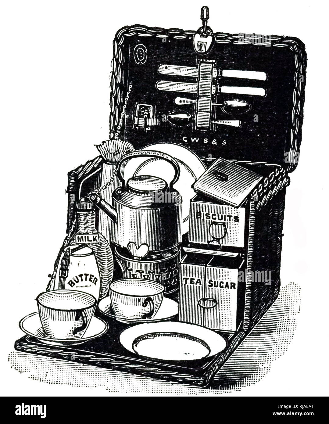 Eine Gravur mit einem Picknickkorb. Vom 20. Jahrhundert Stockfoto