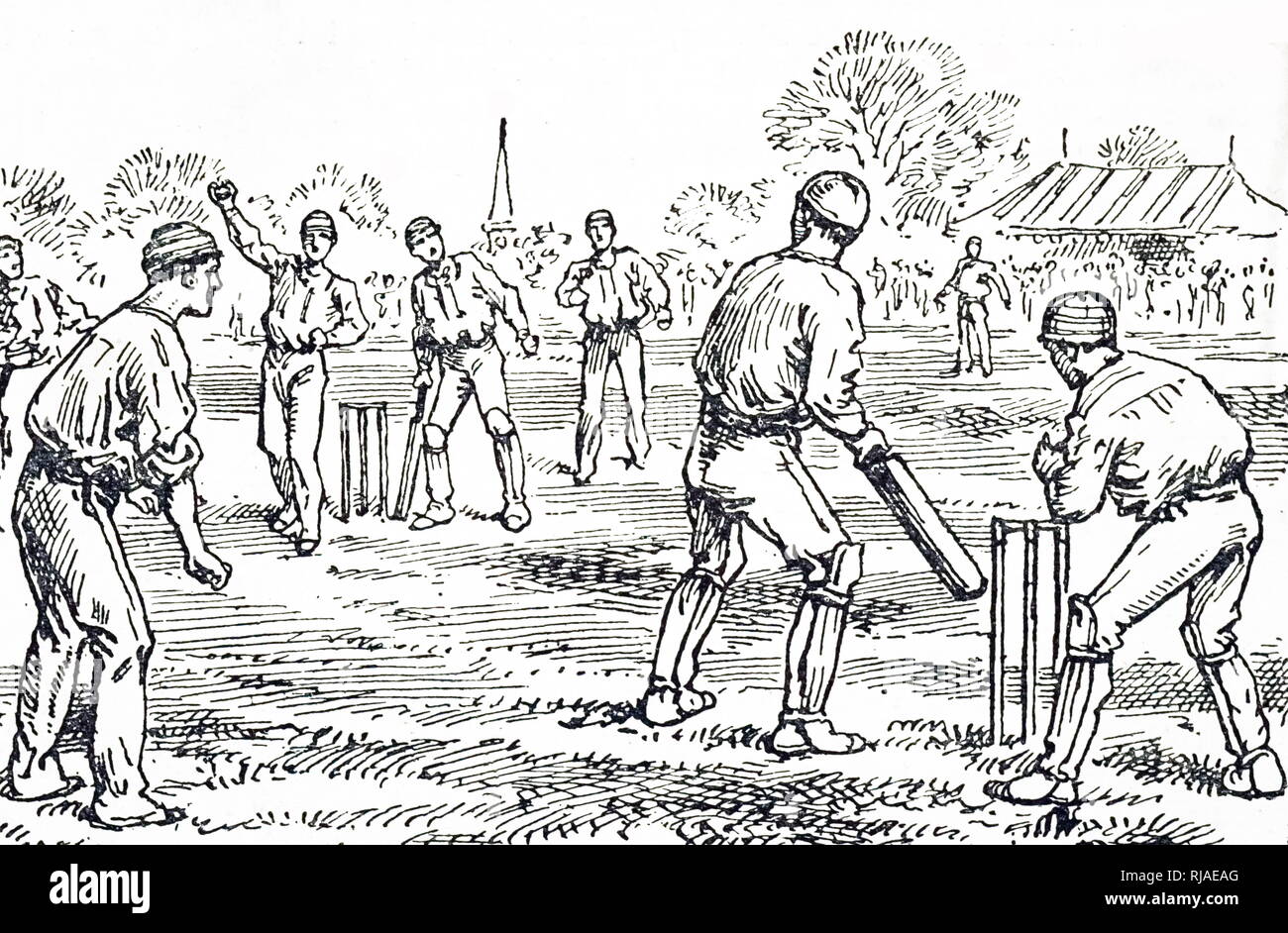 Ein kupferstich mit der Darstellung eines Cricket Spiel im Gange. Vom 19. Jahrhundert Stockfoto
